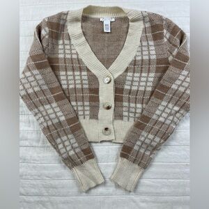 Full Tilt Plaid Cropped Cardigan - Cream and Brown Size Small